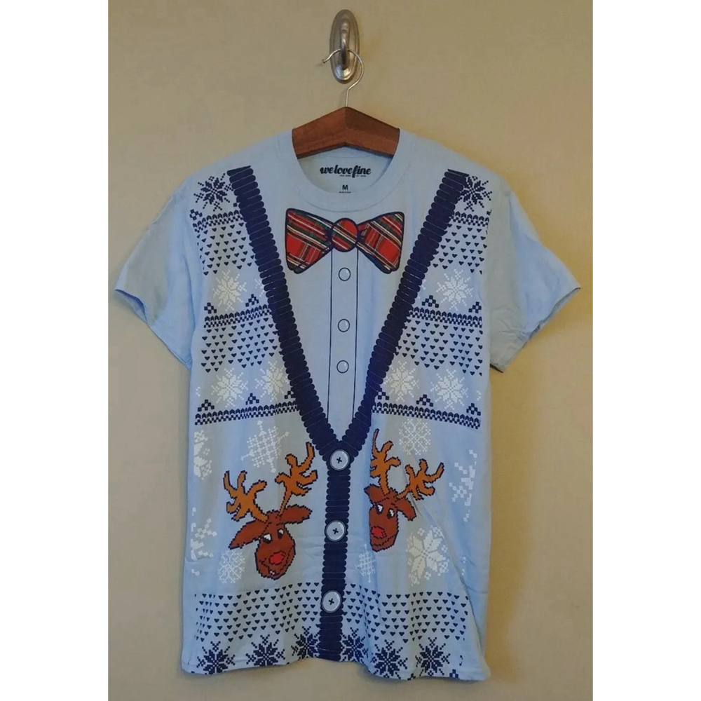 Mens Ugly Christmas Sweater Tshirt Novelty Bow Tie Print Blue